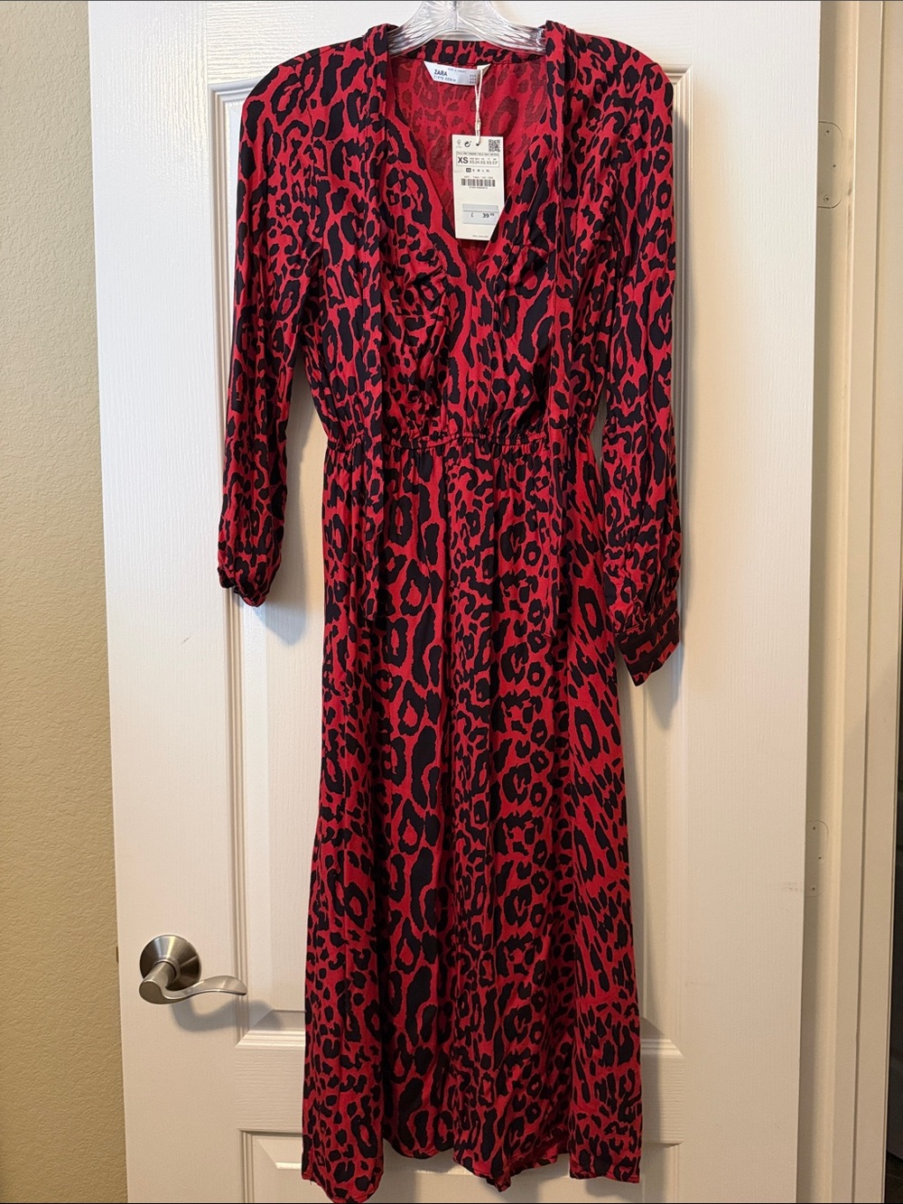 Zara Red Leopard Print Long Sleeve V-Neck Dress NWT
